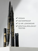 Black eyeliner pencil with branding on a gray background, featuring text about product features.