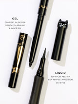 Eyeliner products with text describing gel and liquid formulas on a white background