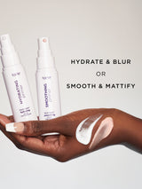 Two skincare products with a hand holding a sample, labeled 'Hydrate & Blur' and 'Smooth & Mattify'.