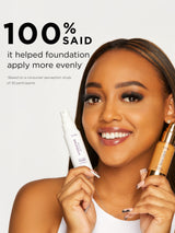 Woman holding two skincare products with text about foundation application.