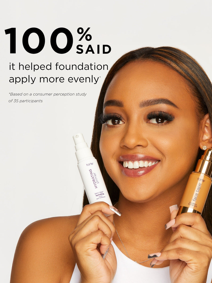 Woman holding two skincare products with text about foundation application.