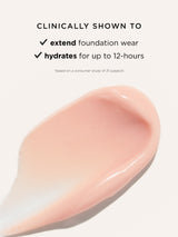 Close-up of pink cosmetic product with text about foundation wear and hydration on a white background