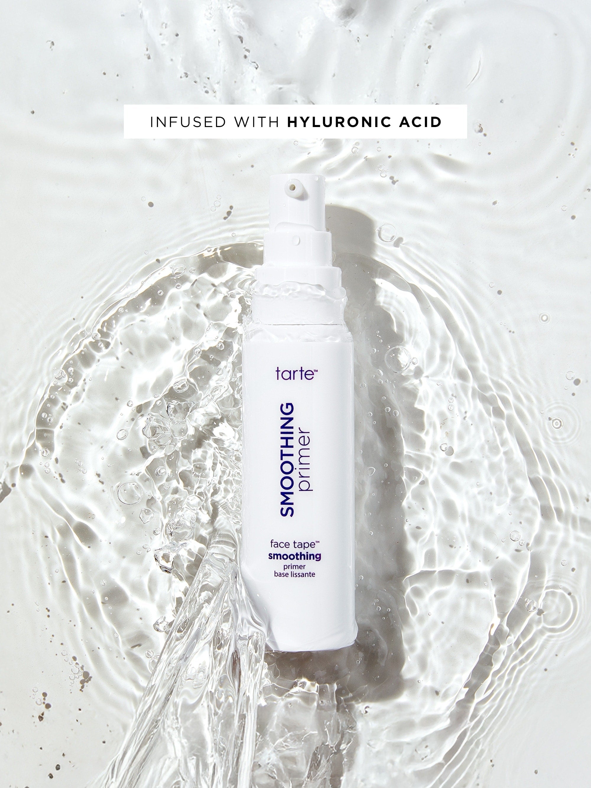 Tarte smoothing primer bottle with hyluronic acid text on a white background