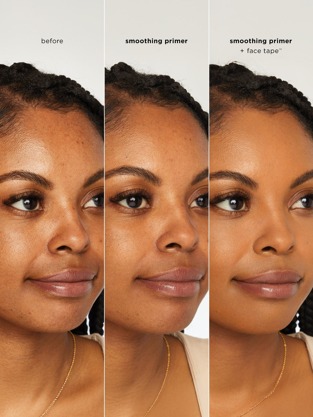 Before and after comparison of a woman's face with smoothing primer and face tape.