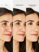 Before and after comparison of a woman's face with smoothing primer and face tape.