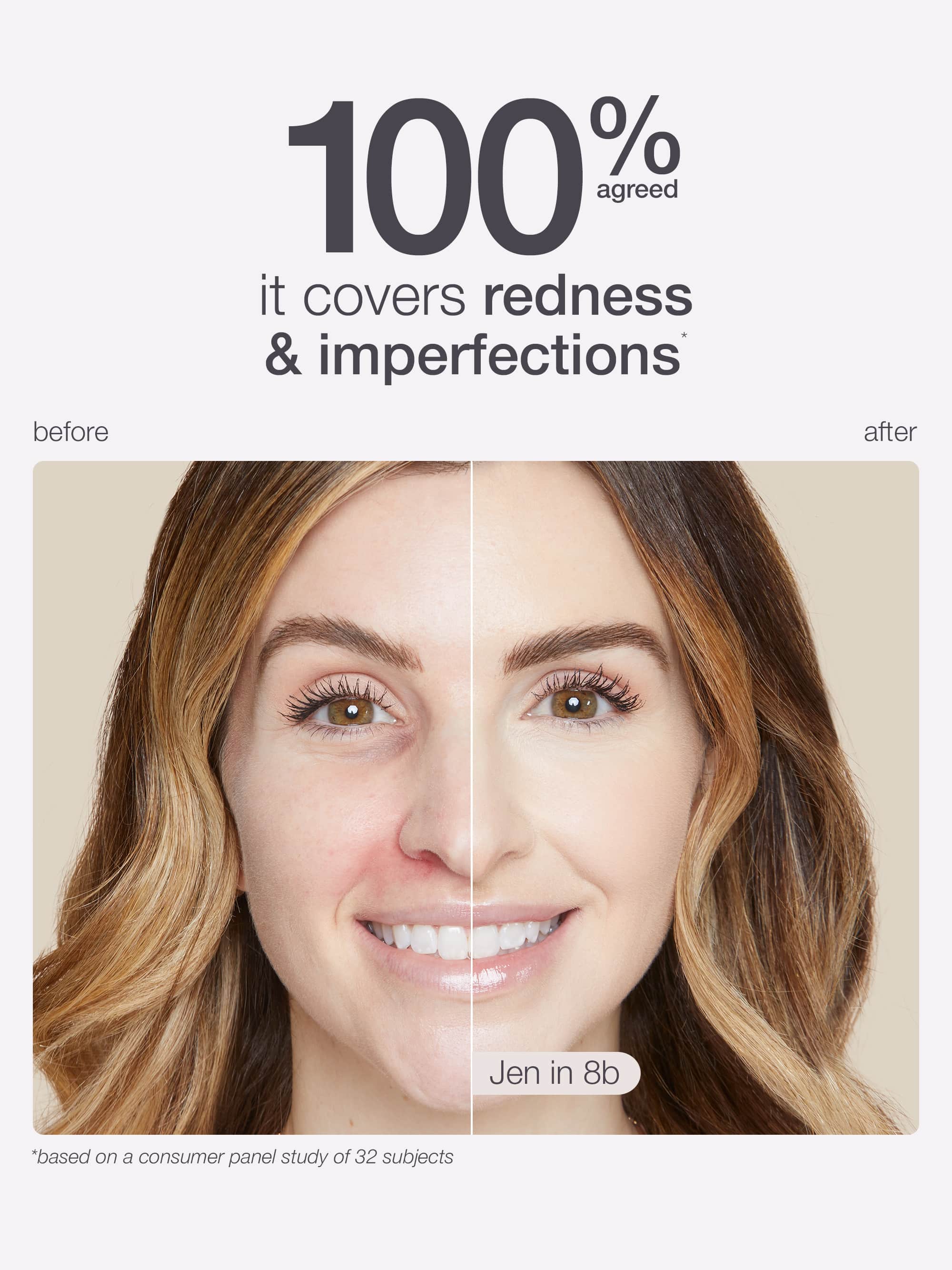 A woman's face split into two sections: the left shows redness, the right appears smooth and clear, demonstrating Tarte Cosmetics' makeup effects. Text reads, 100% agreed it covers redness & imperfections.