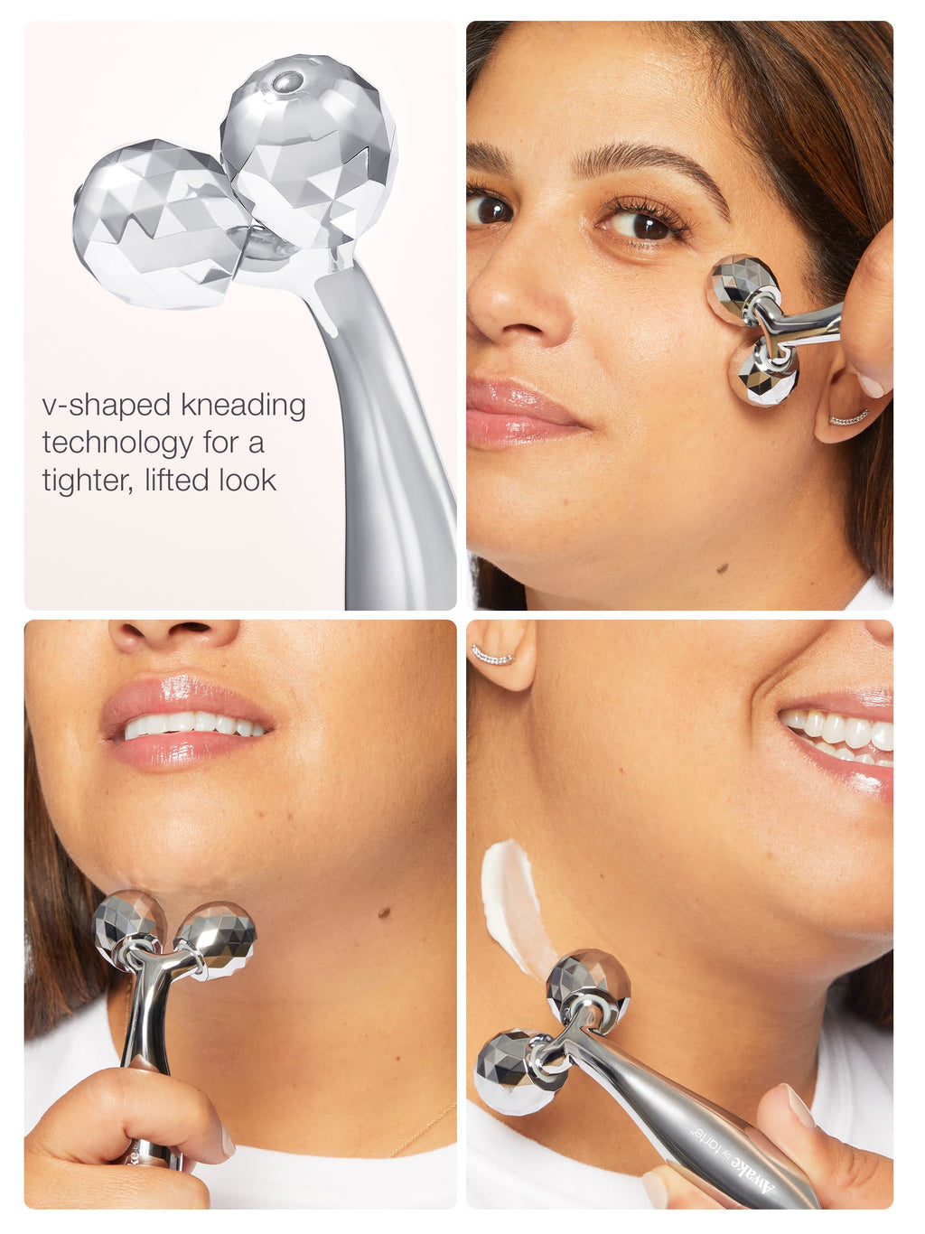 Facial massager with text on v-shaped kneading technology and usage on face.