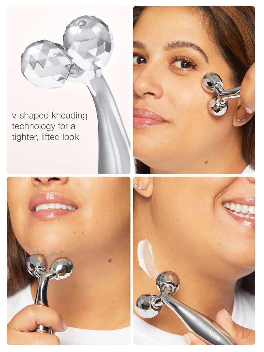 Facial massager with text on v-shaped kneading technology and usage on face.