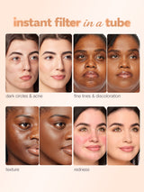 Before and after comparison of a woman's face with text indicating product effects.