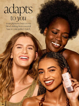 Collage of a woman applying tarte CC serum with text instructions on a textured beige background.