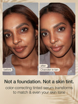 Before and after comparison of a woman's face with text about tarte CC serum.
