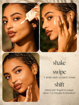 Before and after comparison of a woman's face with text wearing tarte CC serum 