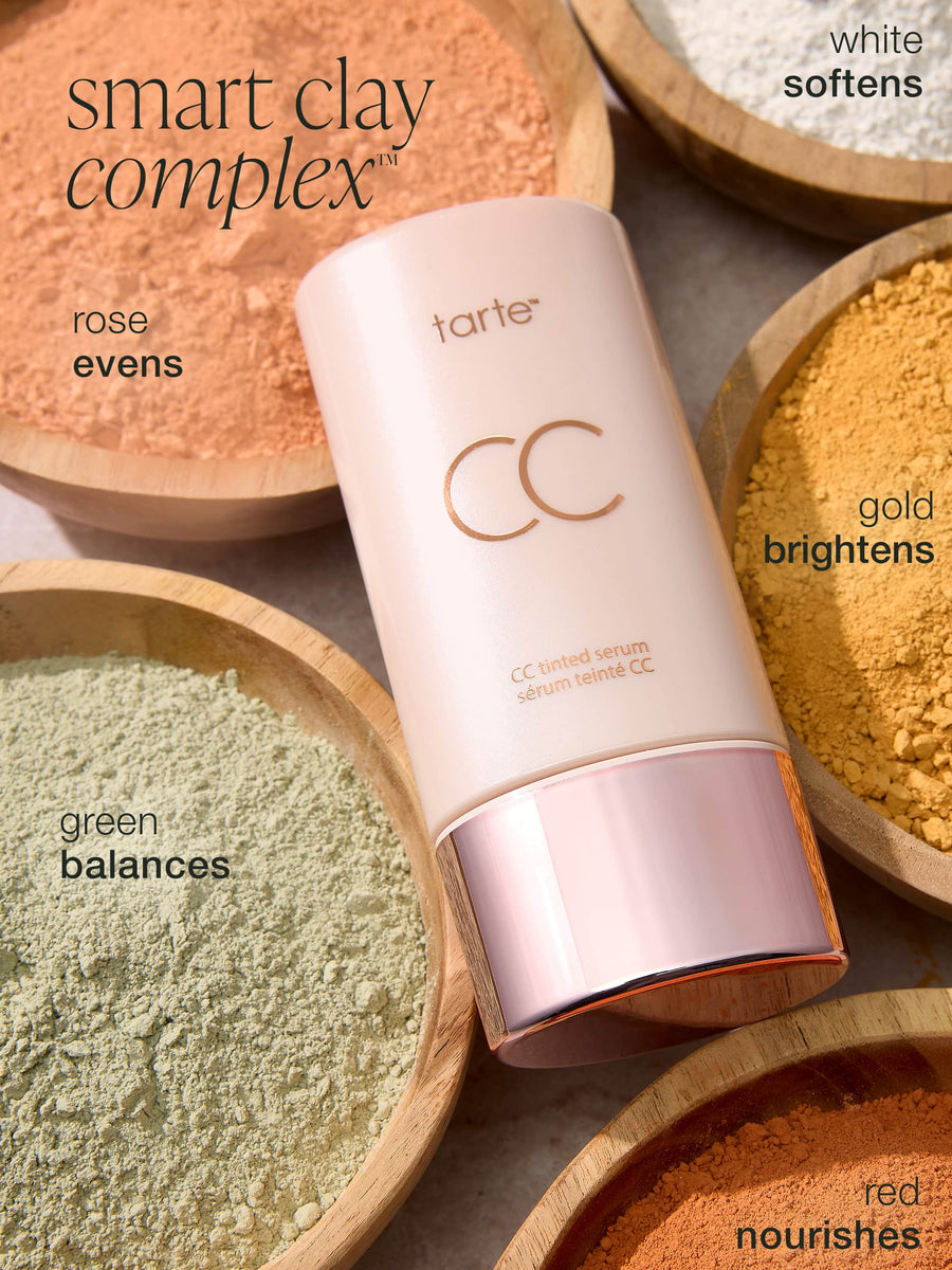 Before and after comparison of a woman's face with text about tarte CC serum  effectiveness.