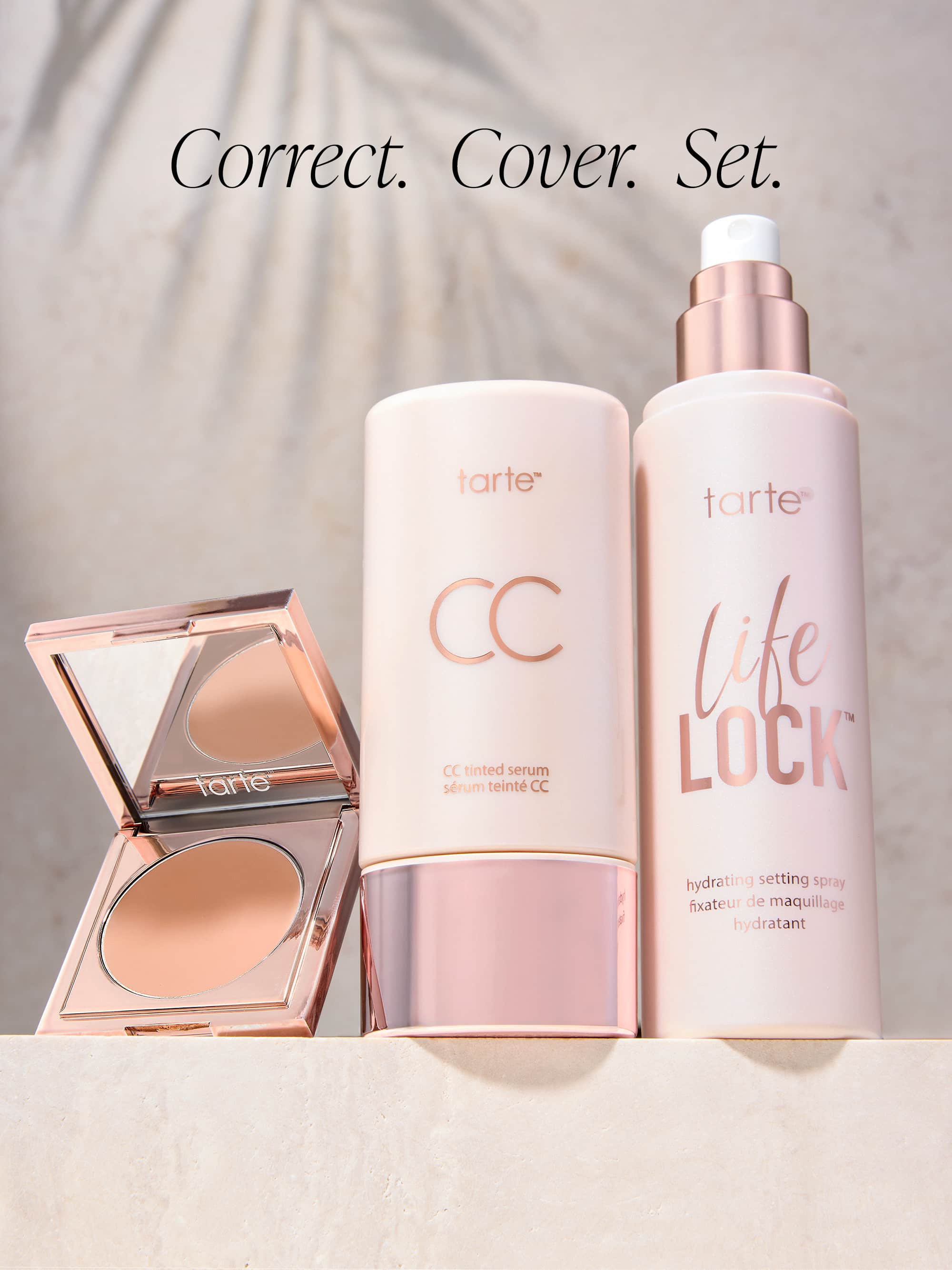 Three women with tarte CC serum , with text 'powered by the Amazon activated by your skin' on a beige background.