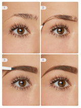 Step-by-step process of applying makeup to eyebrows with a brush.