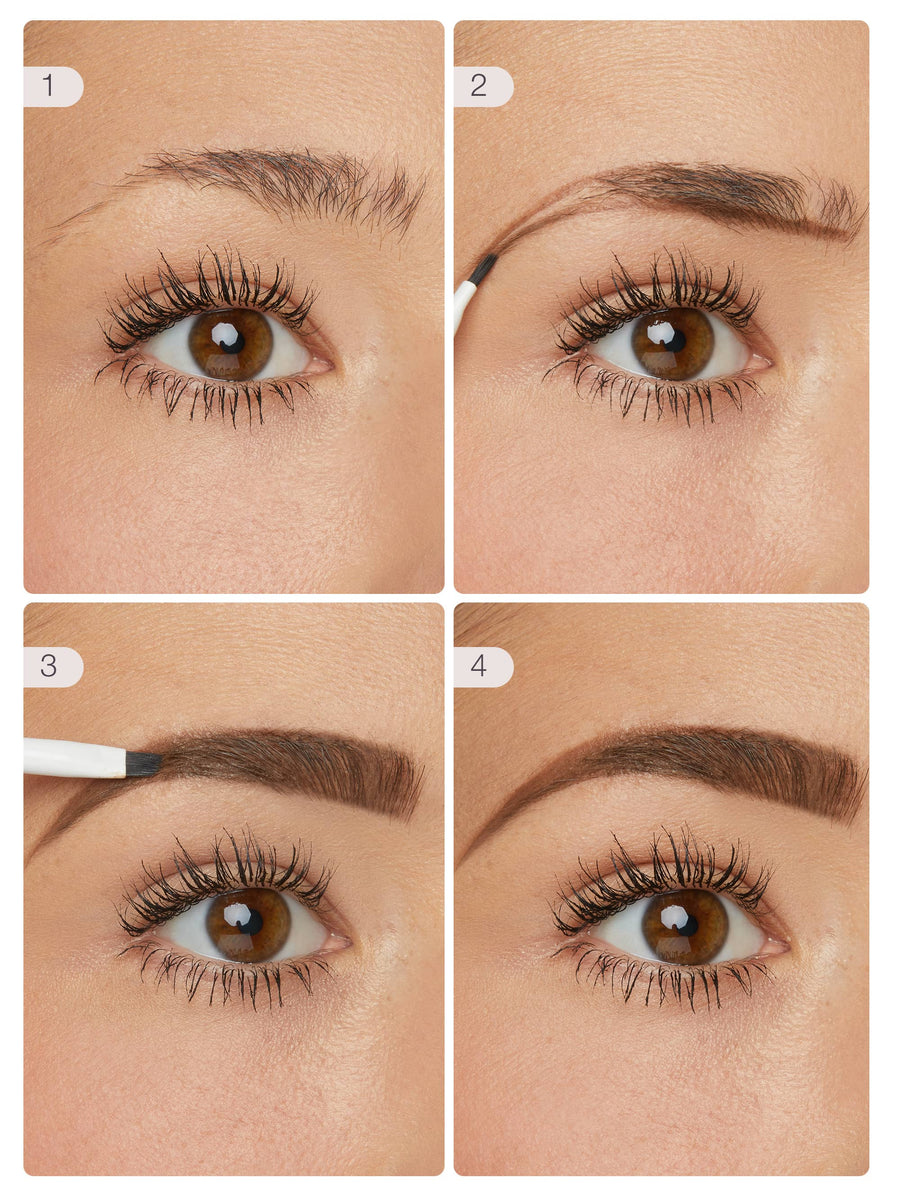 Step-by-step process of applying makeup to eyebrows with a brush.