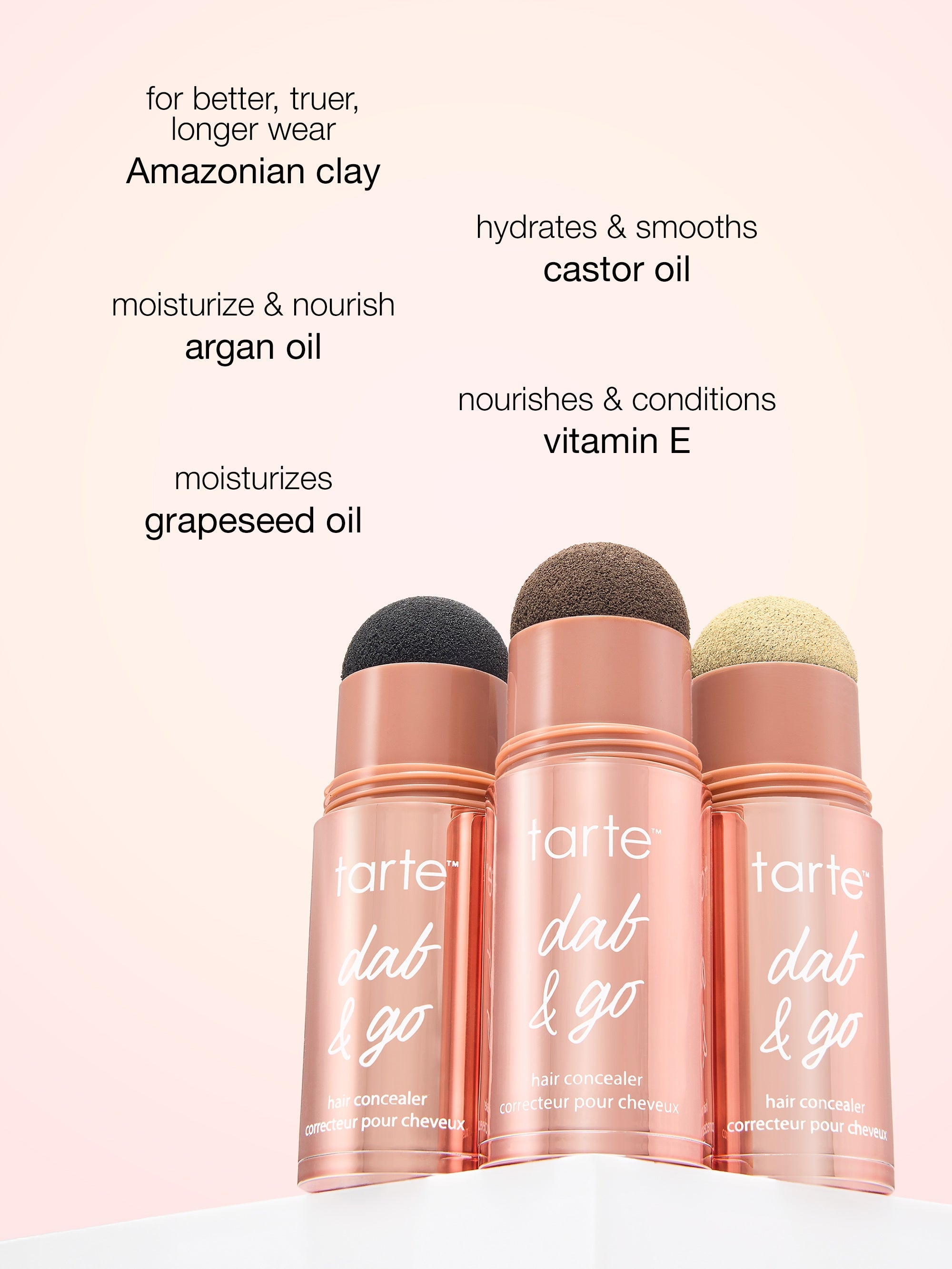 Tarte 'dab & go' hair products with text on a light pink background