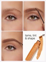 Close-up of an eye with progressive eyebrow enhancement. First, natural brow; second, applying brow gel with a brush; third, shaped brow result. Text reads: tame, tint & shape. Tarte Cosmetics product shown.