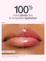 Lips are shown in a side-by-side comparison; the left appears matte and less full, the right is glossy and plump. Text: 100% saw more plump lips & immediate hydration. Chandler in plump. *based on a clinical study of 30 subjects after 10 minutes.