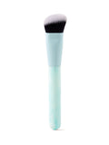Makeup brush with a light blue handle on a white background