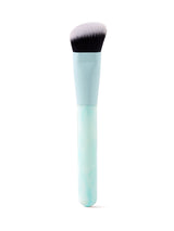 Makeup brush with a light blue handle on a white background