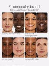 Split-screen faces display varying skin improvements, showcasing Tarte Cosmetics concealer effects. Text: 1 concealer brand* tackles your beauty boundaries™. blemishes & imperfections, dark circles & hyperpigmentation, redness & texture, sun spots & fine lines.