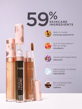 Three Tarte Cosmetics Creaseless Creamy concealer tubes stand upright, displaying different shades, with open wands. Background text reads: 59% SKINCARE INGREDIENTS, listing maracuja passionfruit, cloudberry, bakuchiol, niacinamide, caffeine.