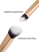 Makeup brushes with black bristles on a white background, labeled for targeted application and undereye blending.