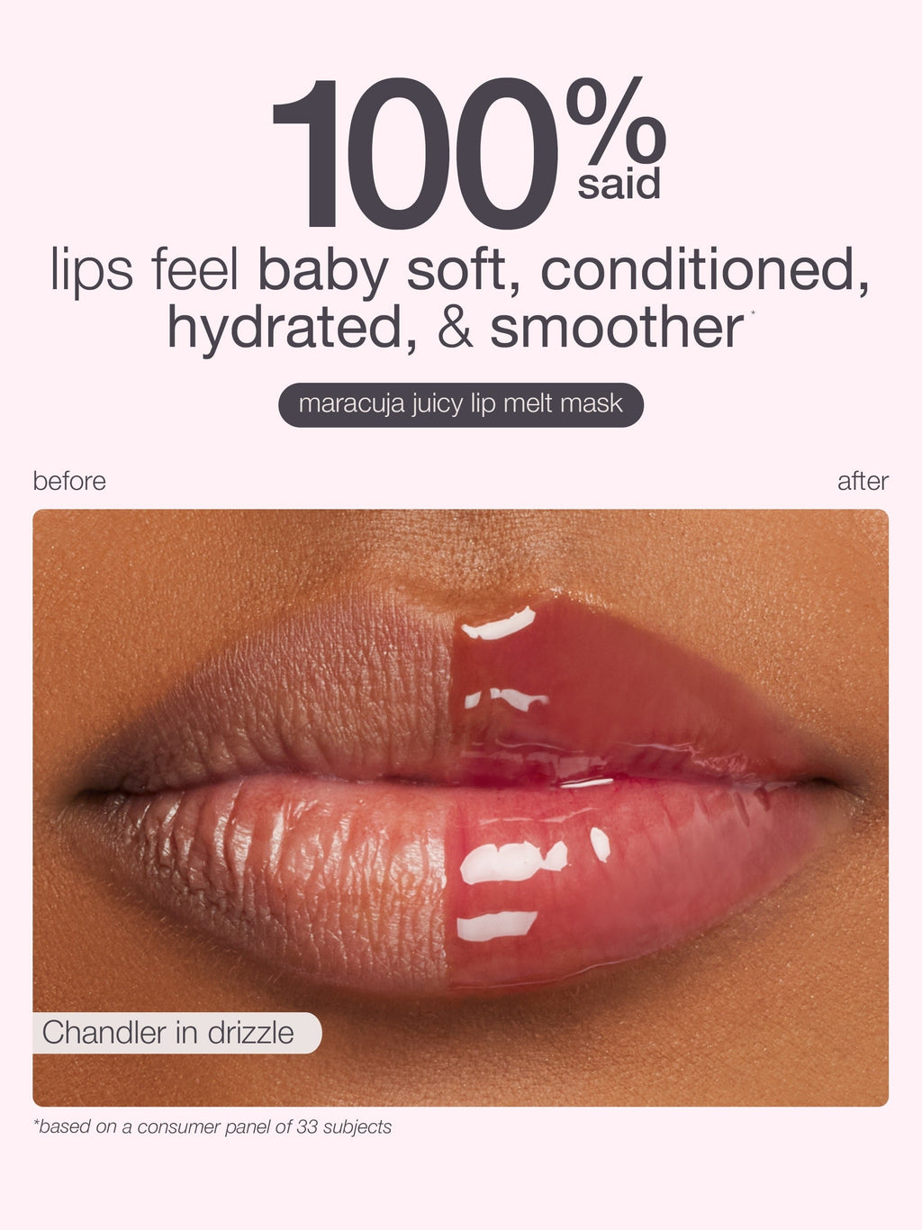 Lip mask packaging with a before and after comparison of lips on a brown background.