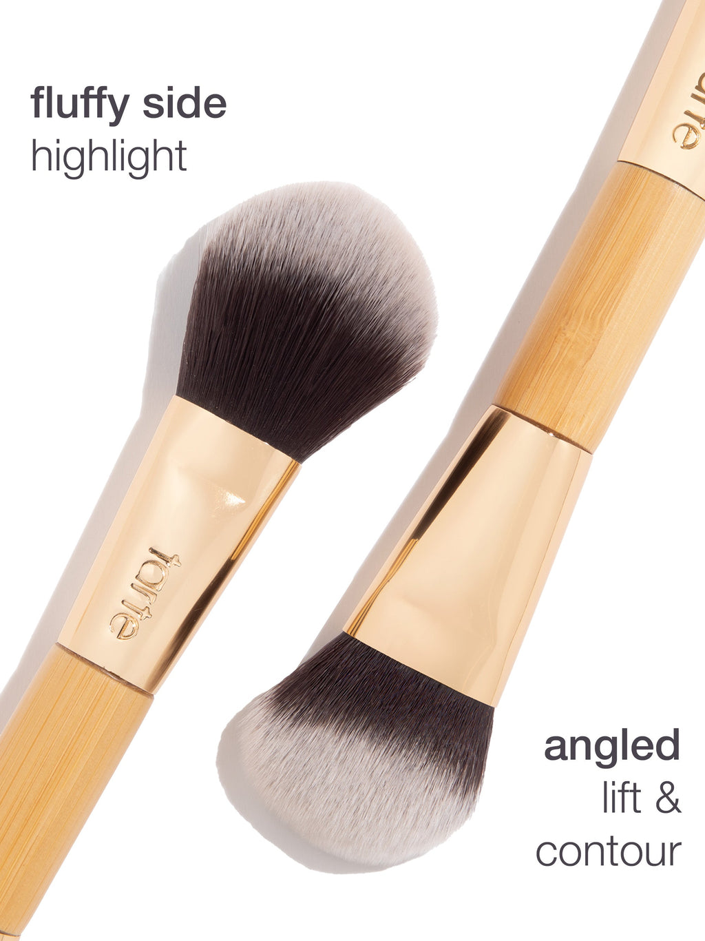Two makeup brushes with wooden handles and gold accents lie on a white background. The left brush has a fluffy side for highlighting, and the right has an angled side for lift and contour. Text: fluffy side highlight and angled lift & contour.