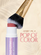 tarte maracuja juicy double ended multi stick with brush and text 'sweeps on a pop of color' on a beige background