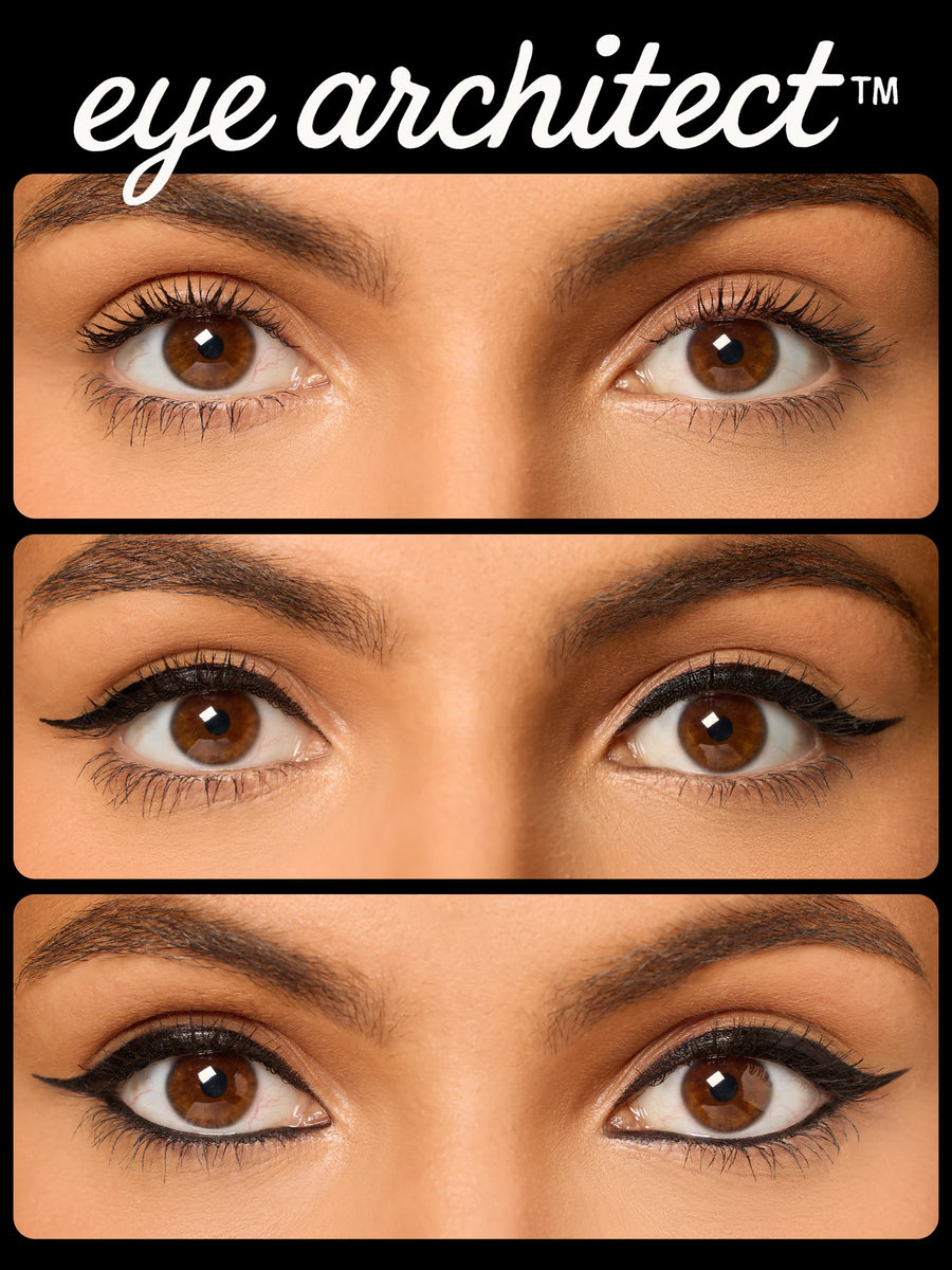 Woman holding two eyeliner pencils with '2-in-1' text, close-up of face.