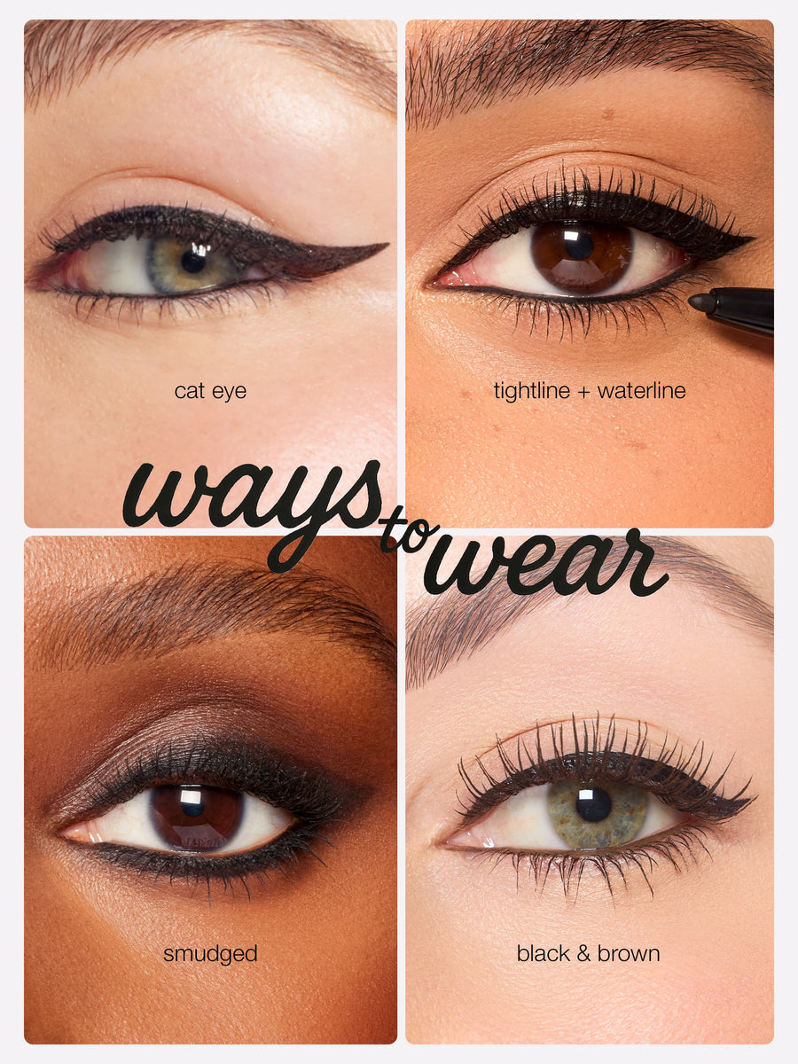 Two eyeliner pencils with fine tips are standing upright, covered in water droplets. They have text: Tarte. In the bottom left corner, text reads: waterproof, ophthalmologist tested, safe for contact lens wearers.