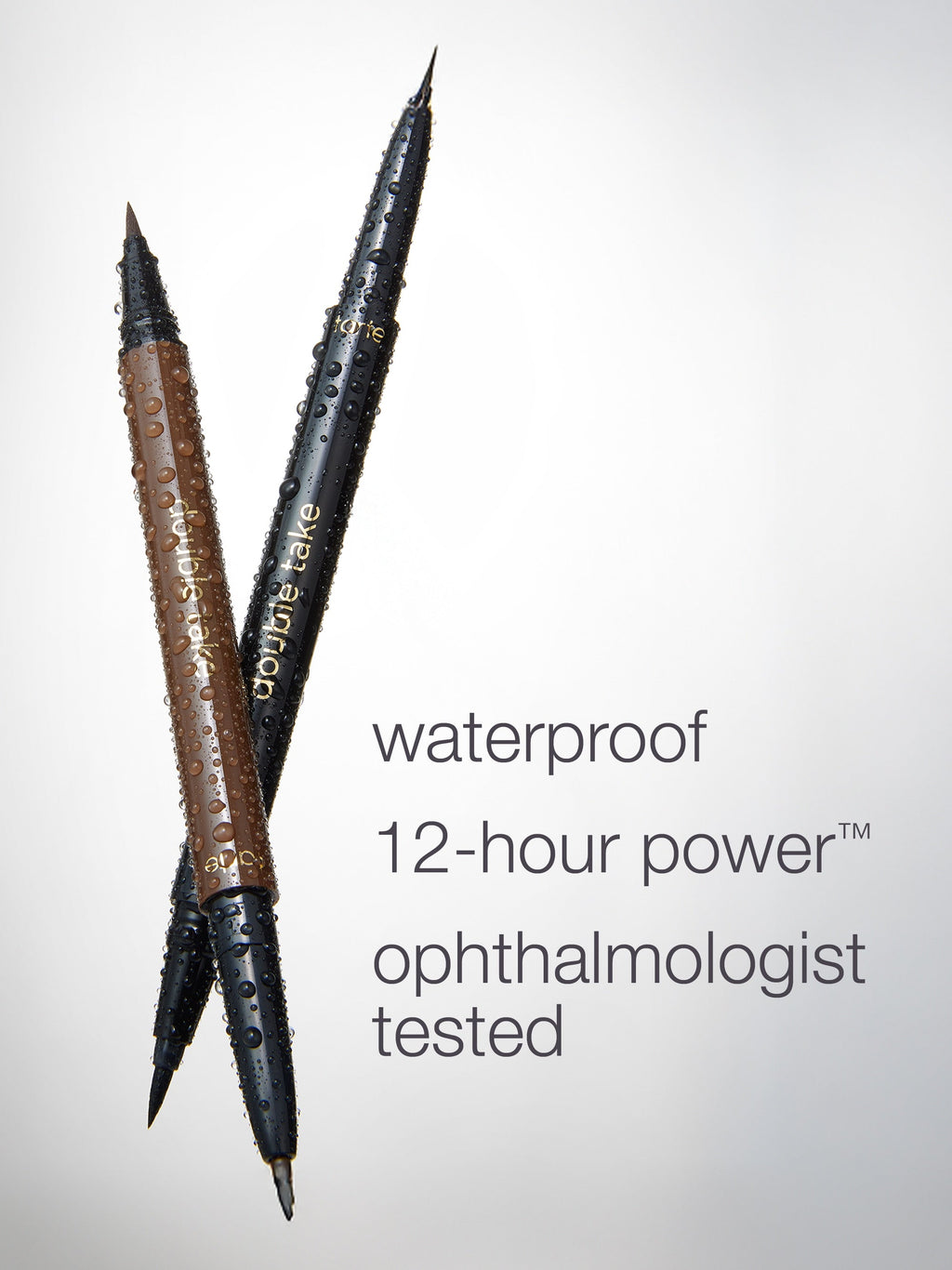 Black double-ended makeup pen; one side features a gel liner, the other a liquid liner. Text reads: double take, gel liner, liquid liner, and eye architect™. White background.