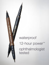 Black double-ended makeup pen; one side features a gel liner, the other a liquid liner. Text reads: double take, gel liner, liquid liner, and eye architect™. White background.