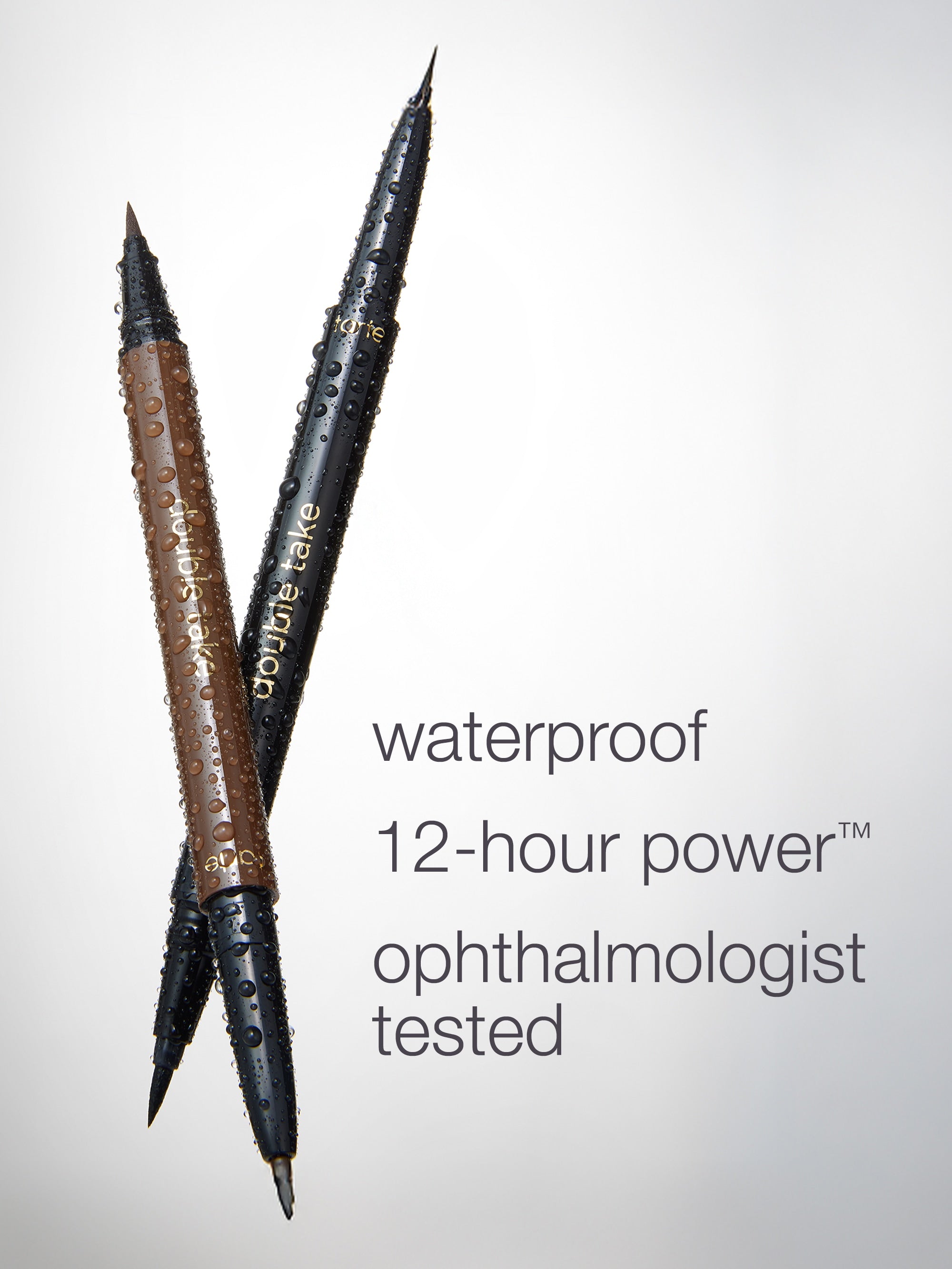 Black double-ended makeup pen; one side features a gel liner, the other a liquid liner. Text reads: double take, gel liner, liquid liner, and eye architect™. White background.