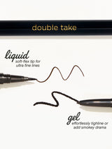 Two black Tarte Cosmetics eyeliners, labeled full-size and travel-size, stand upright with caps off, displaying their dual ends, on a plain light background.