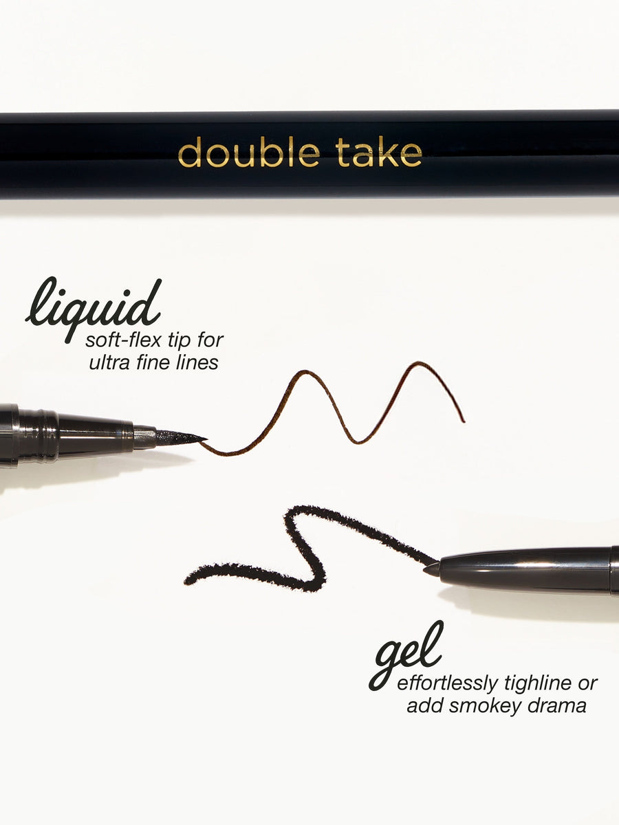 Two black Tarte Cosmetics eyeliners, labeled full-size and travel-size, stand upright with caps off, displaying their dual ends, on a plain light background.