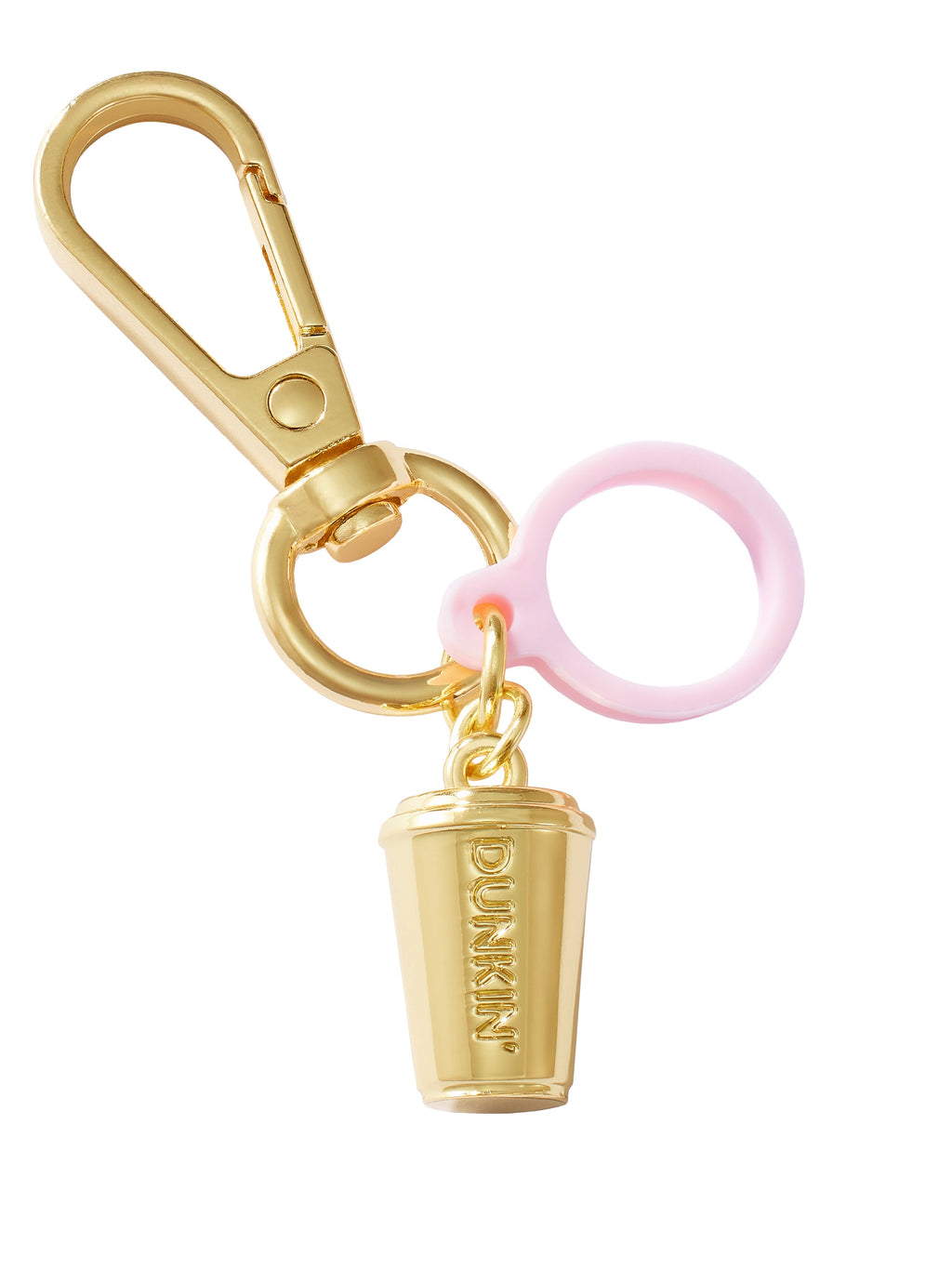 Gold keychain with a coffee cup charm and pink ring on a white background