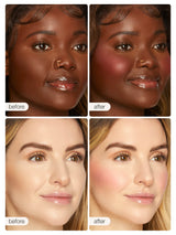 Two pairs of before-and-after images show women with different complexions. In each pair, the before image shows natural skin, and the after image shows enhanced skin with Tarte Cosmetics blush.
