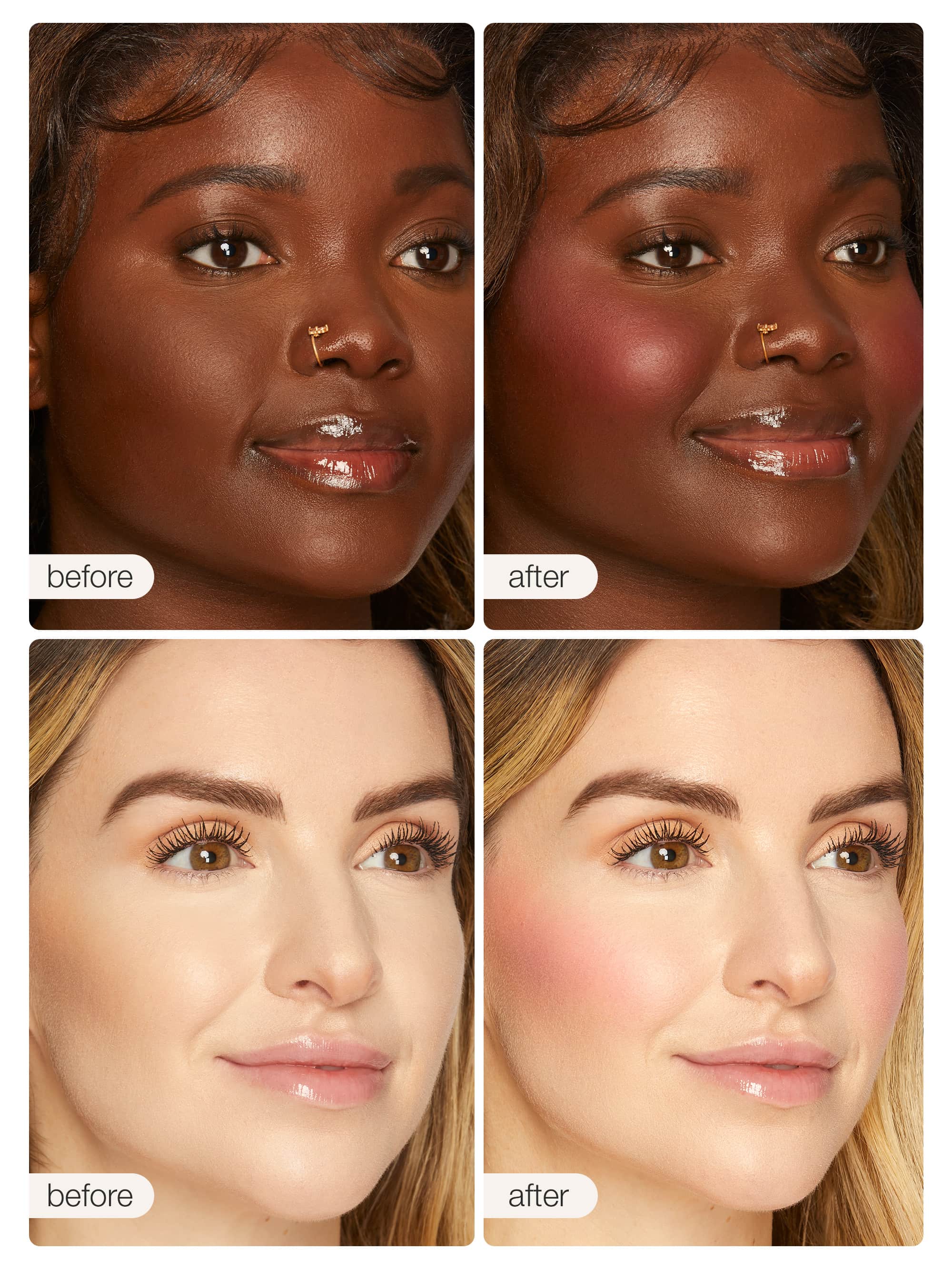 Two pairs of before-and-after images show women with different complexions. In each pair, the before image shows natural skin, and the after image shows enhanced skin with Tarte Cosmetics blush.
