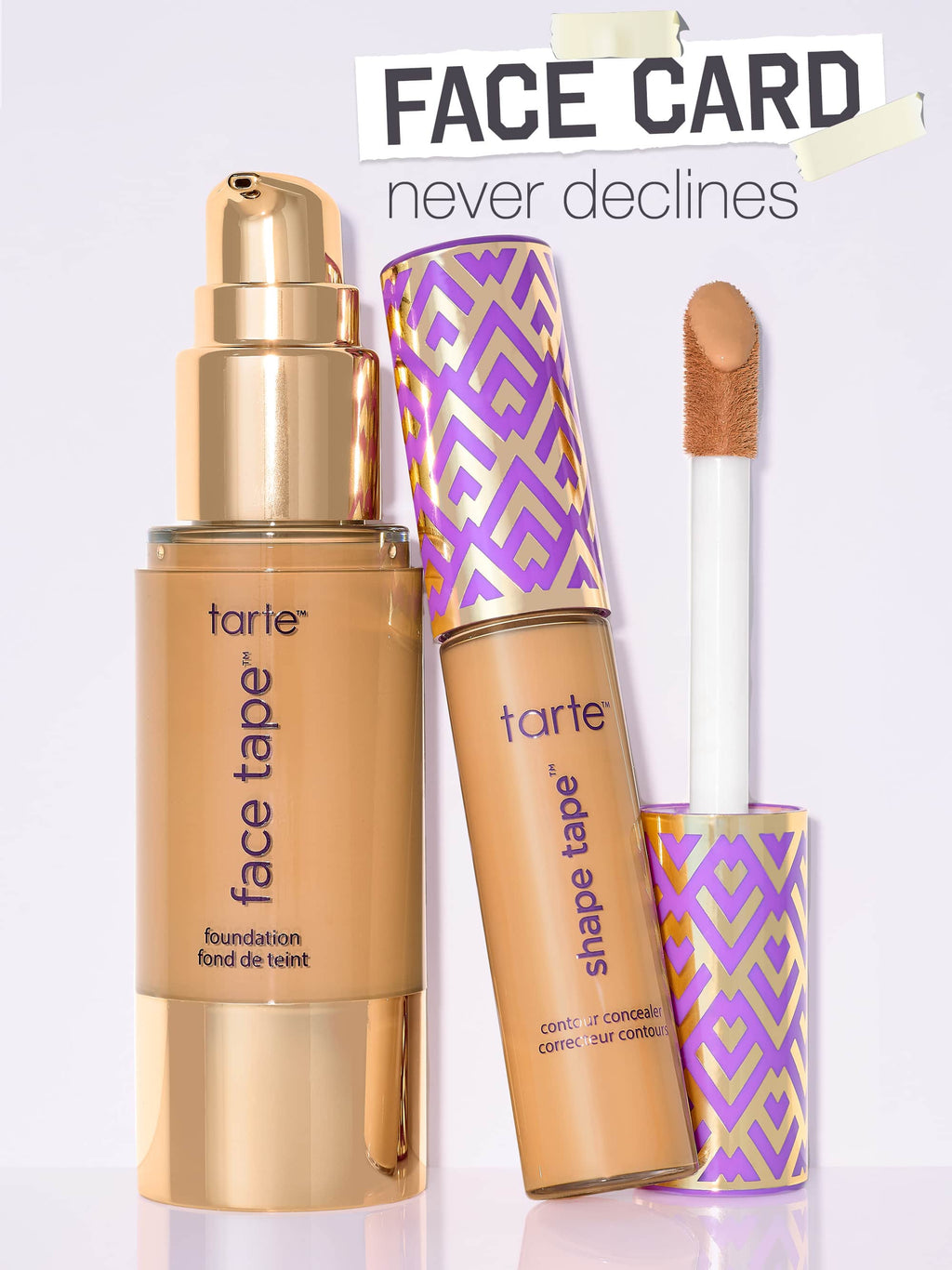 Two Tarte Cosmetics foundation bottles stand on a surface; one is labeled full-size with a gold pump, and the other travel-size with a purple pump. Both read face tape foundation fond de teint.