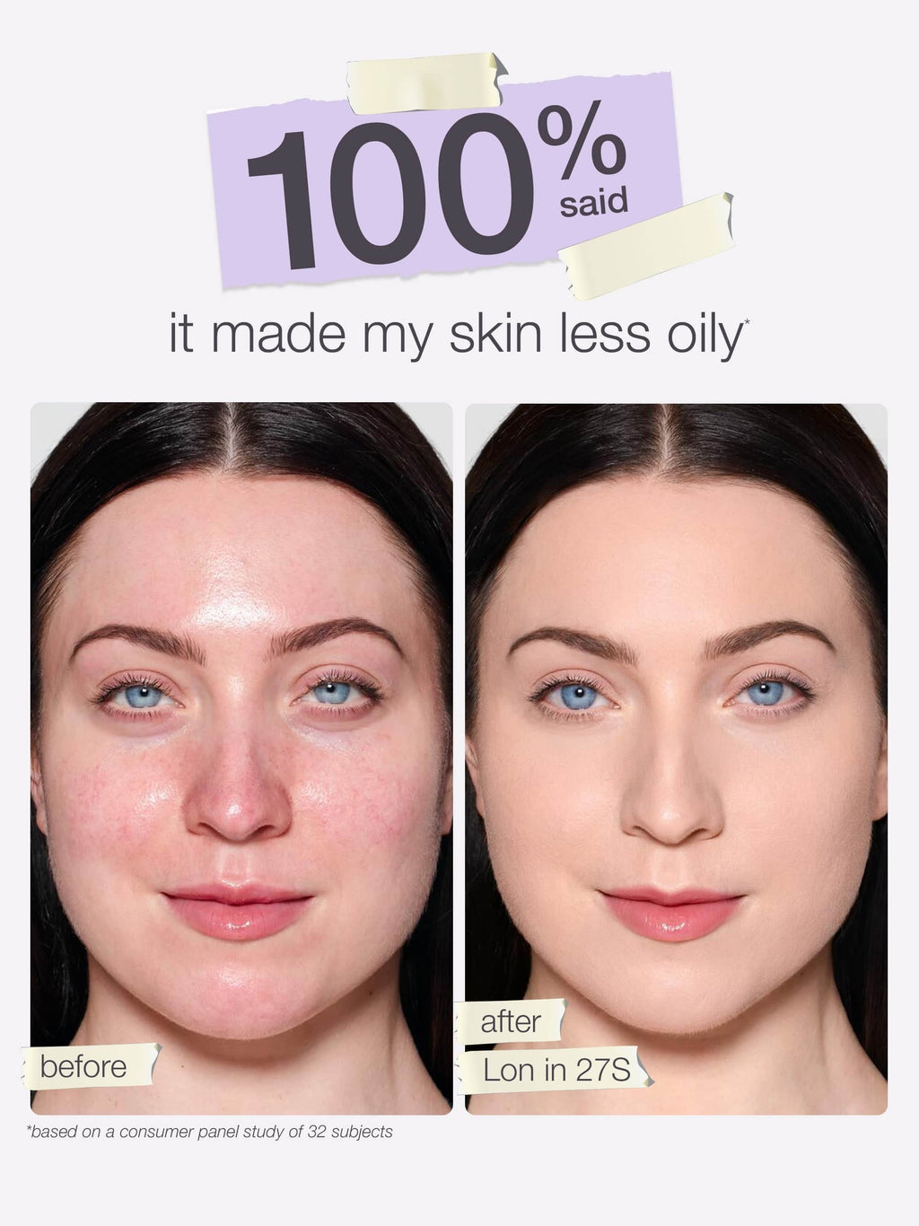 Two side-by-side images show a person's face before and after makeup application using Tarte Cosmetics. Text: 100% said it made my skin matte, not flat covered imperfections felt weightless on my skin.
