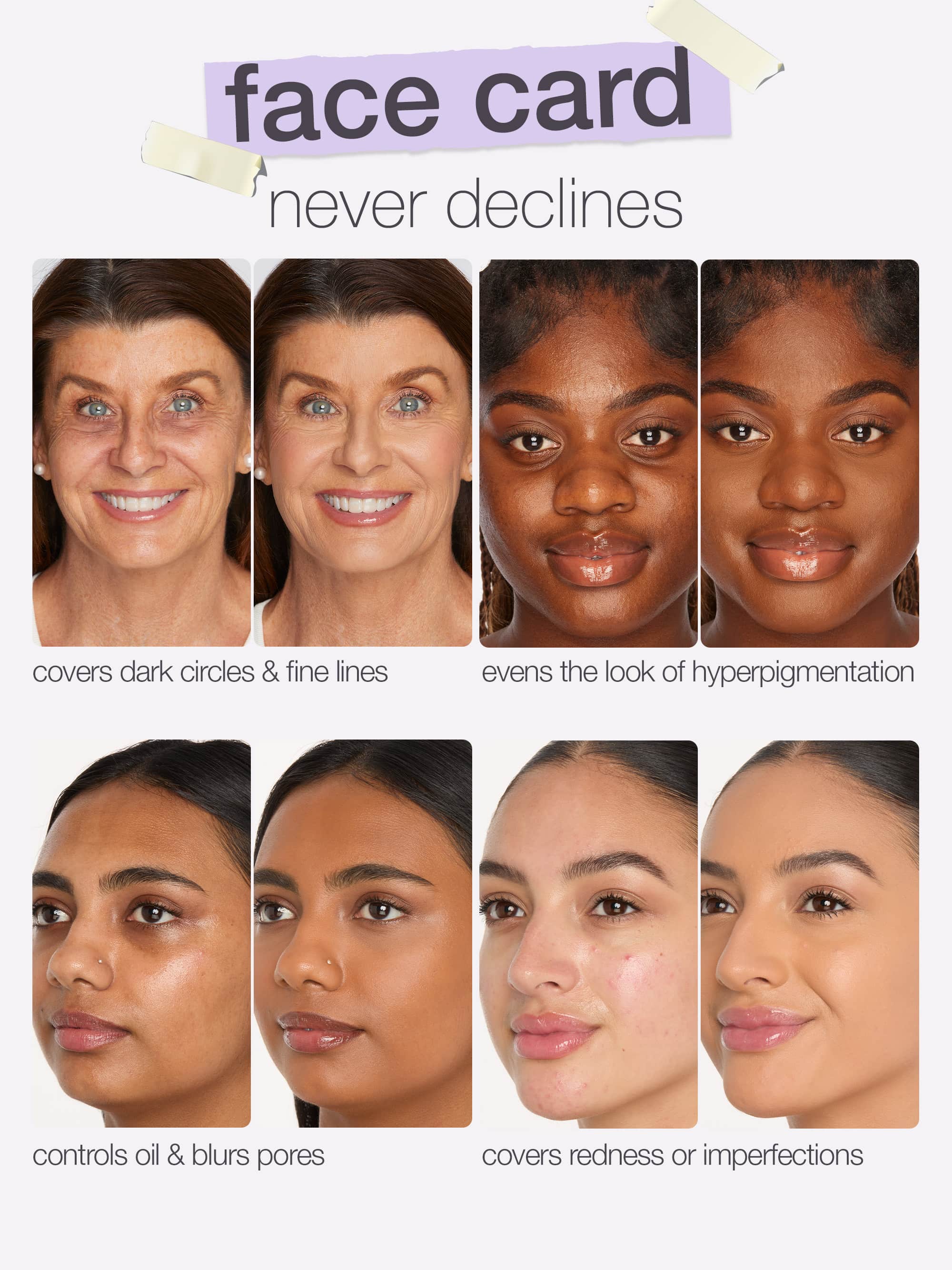 A woman's face is shown in before-and-after makeup application photos. The left side shows blemishes, while the right side appears flawless. Text reads: before, after, Kate in 29N, 16-hr longwear waterproof vegan.