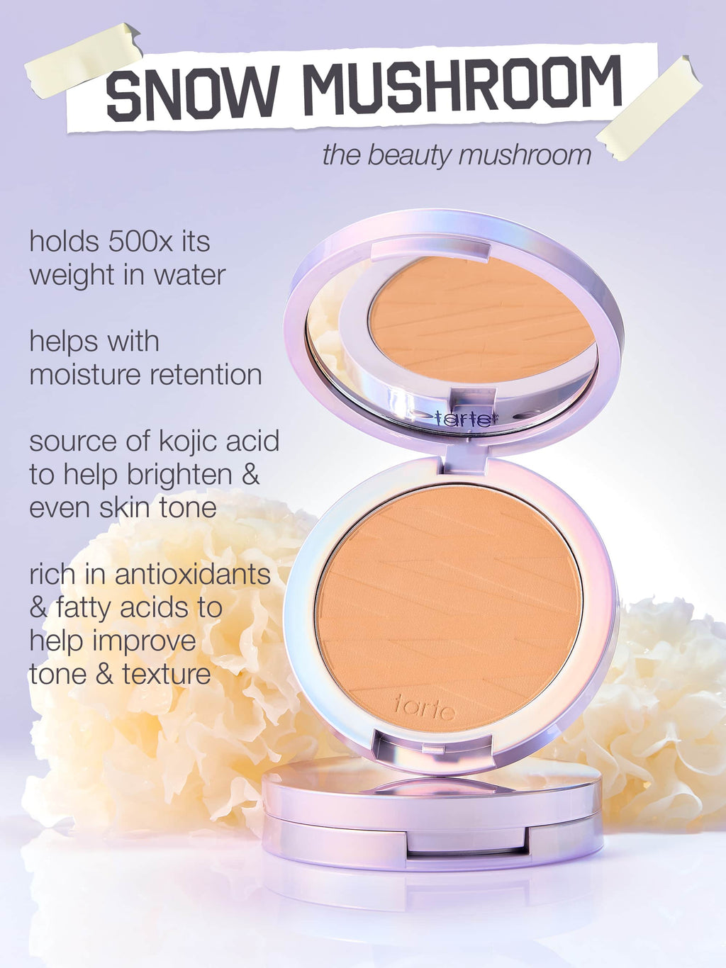 A person smiles, holding a Tarte Cosmetics compact labeled Selena in 42S. Text above states, 100% said it made my skin less oily, based on a study of 32 subjects.