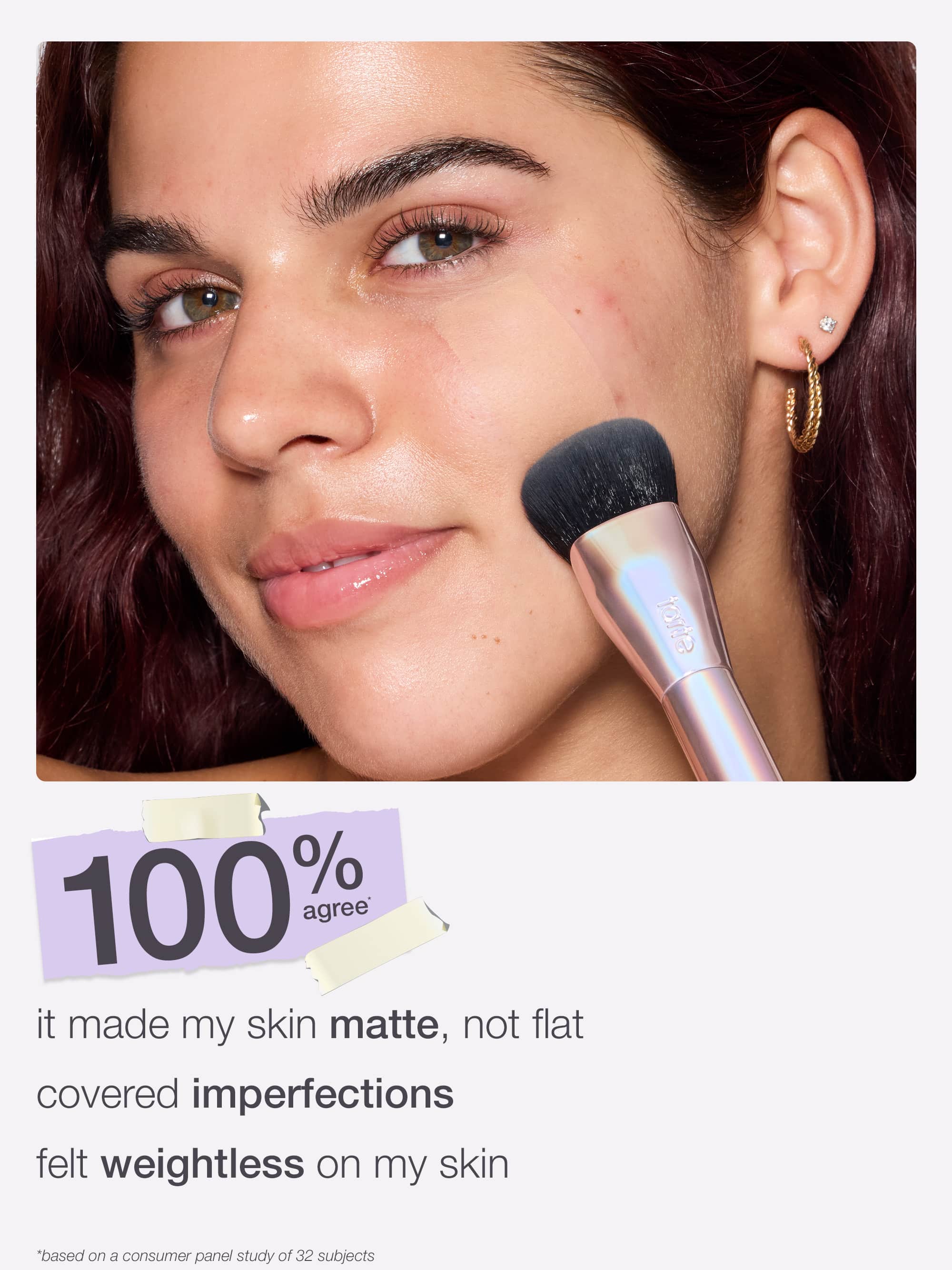 Rows of diverse faces display different skin tones for face tape™ pressed powder by Tarte Cosmetics. Beneath each face, corresponding shade numbers are listed, from 64N to 12N.