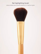 Cosmetic brush with gold handle and brown bristles on a white background