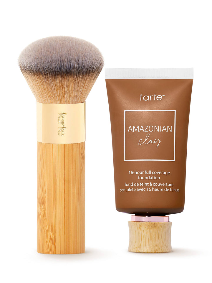Tarte Amazonian Clay foundation and brush on a white background