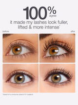 Before and after comparison of eye lashes with text indicating product effectiveness.