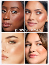 Collage of four women's faces with the text 'glow your way' in the center.